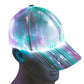 LED fiber optic luminous cap with teal and purple multicolor glowing light fibers