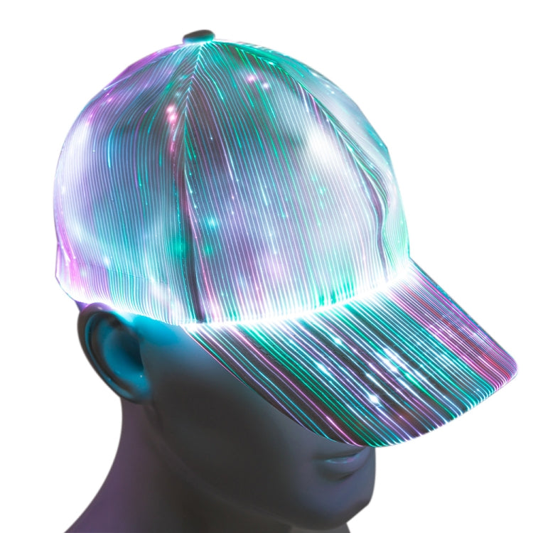 LED fiber optic luminous cap with teal and purple multicolor glowing light fibers
