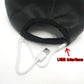 Black LED fiber optic luminous cap with USB interface cable close-up