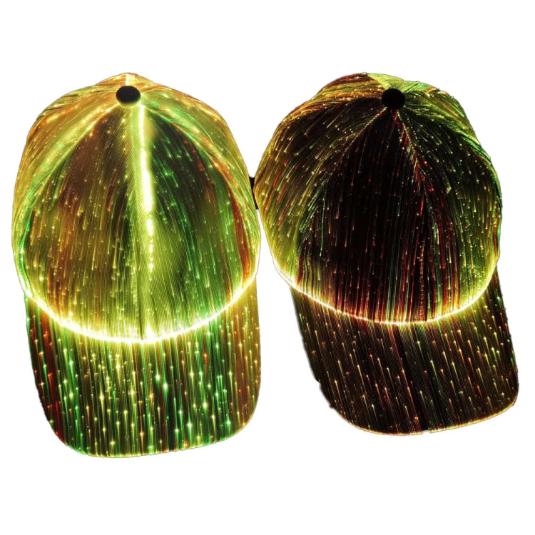 Pair of LED fiber optic luminous caps with green and gold glowing light fibers