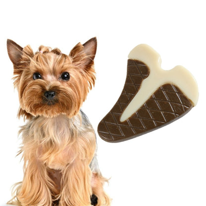 Steak-shaped dog chew toy with brown textured surface and cream bone ends