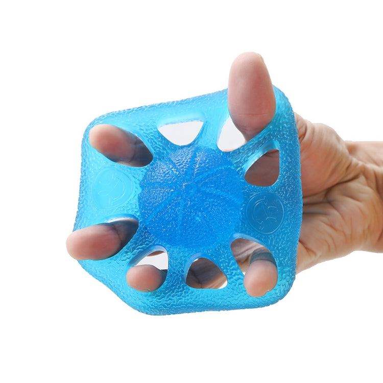 Blue eight-hole finger gripper with open thumb grip, held in a hand