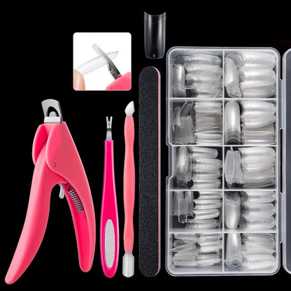 Manicure nail tip tool set with clear French, natural French, and applicators in a case