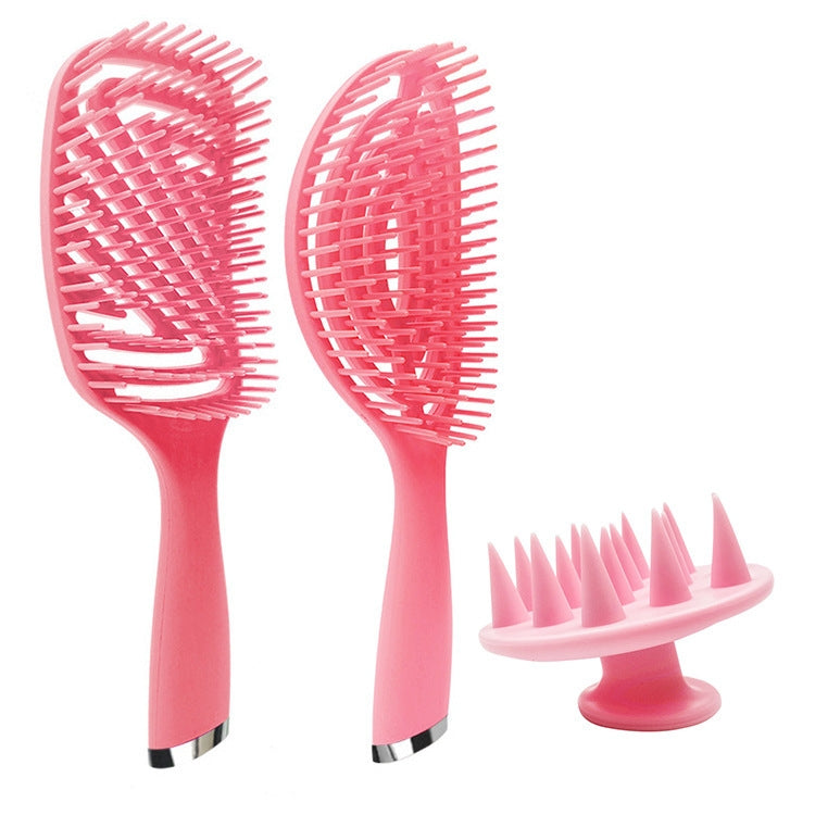 Pink 3-in-1 curly hair comb set with two brushes and a scalp massage comb