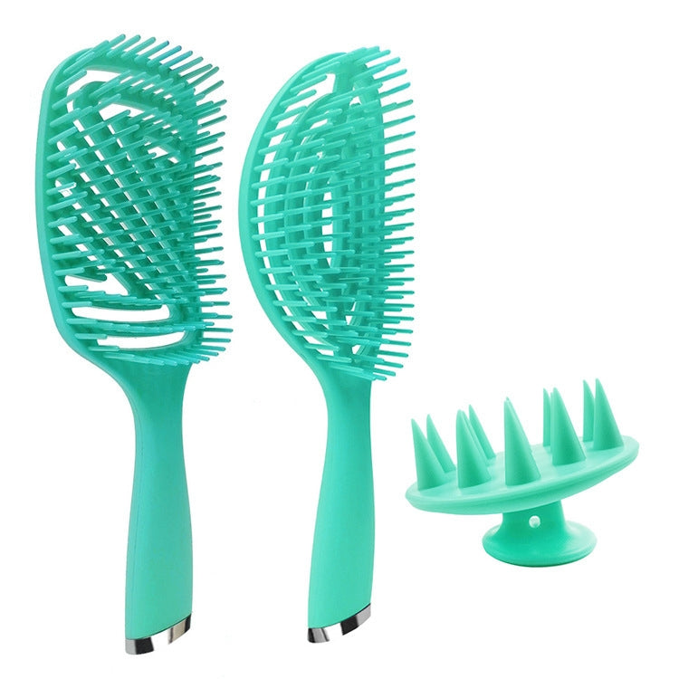 Green 3-in-1 curly hair comb set with two brushes and a scalp massage comb