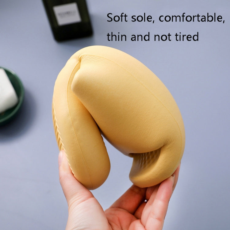 Yellow plastic slide slippers with textured footbed and thick cushioned sole, close-up