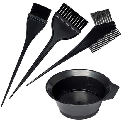 Black hair dye tools set with mixing bowl, dye brush, and fine-tooth combs