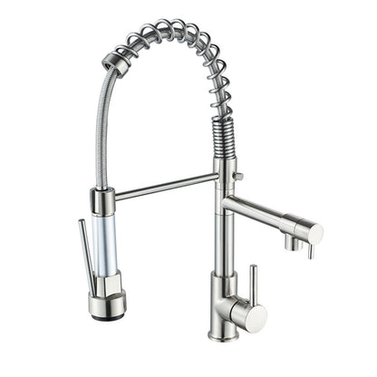 Brushed silver spring kitchen sink faucet with dual outlets and rotatable spout