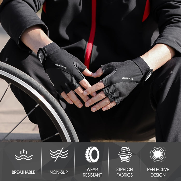 Black half-finger cycling gloves worn outdoors with anti-slip finger pads