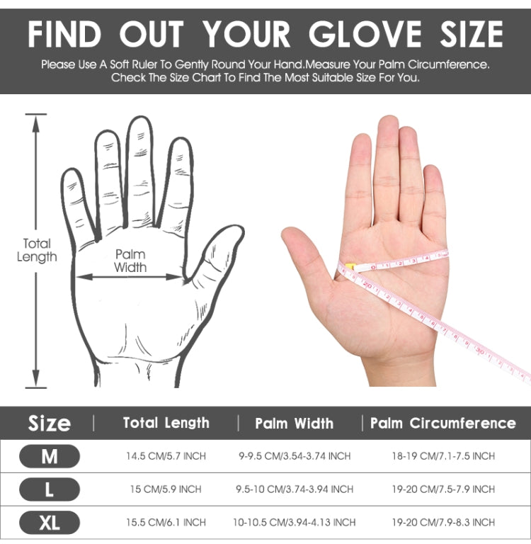 Glove size chart for half-finger mountain cycling gloves, sizes M, L, XL