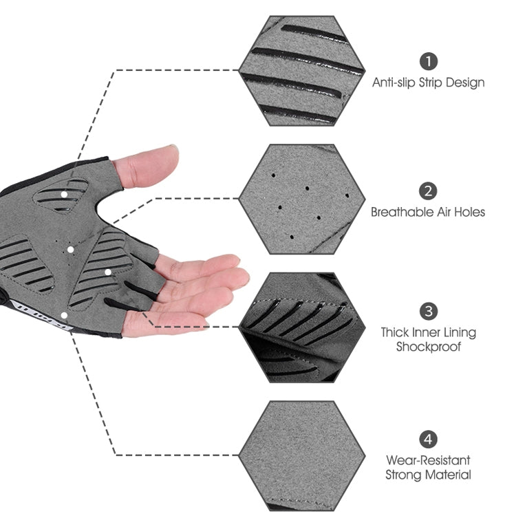 Half-finger cycling glove detail diagram: anti-slip, breathable holes, lined protection