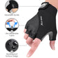 Black half-finger cycling glove with adjustable wrist buckle and breathable fabric