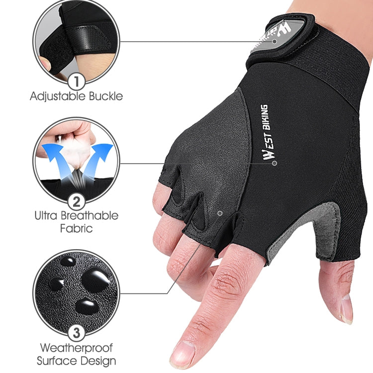 Black half-finger cycling glove with adjustable wrist buckle and breathable fabric