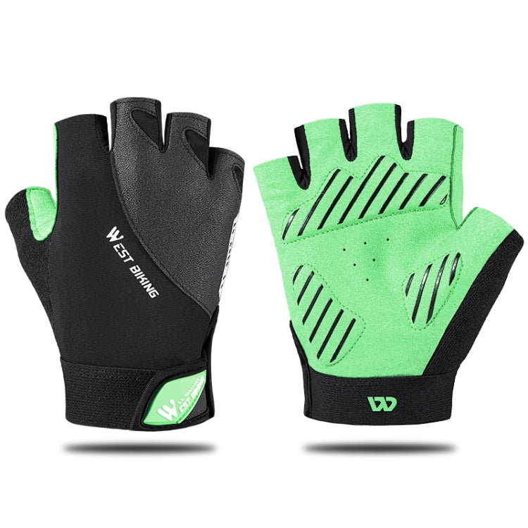 Half-finger mountain cycling gloves in black with light green accents, anti-slip grip