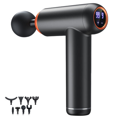 Black massage gun with large round head and orange-accent control screen