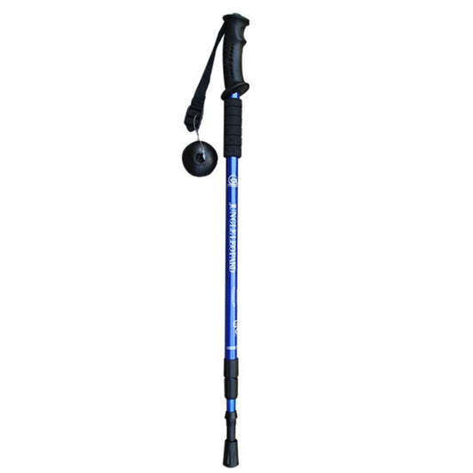 Blue aluminum trekking pole with black ergonomic handle, wrist strap, and round rubber tip