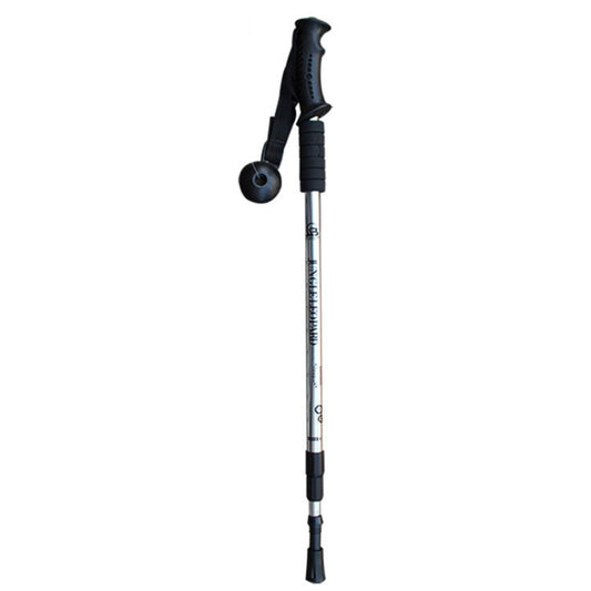 Silver aluminum trekking pole with black ergonomic grip, wrist strap, and round rubber tip