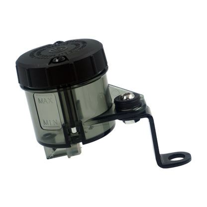 Motorcycle front brake oil reservoir with black cap, transparent chamber, mounting bracket