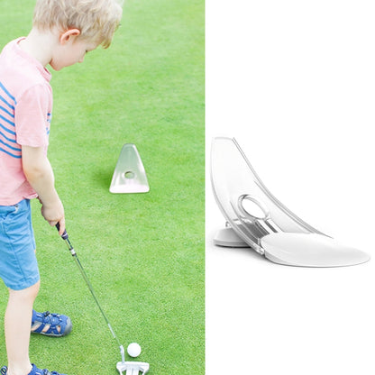 White golf putting trainer with sloped track and round target hole for practice