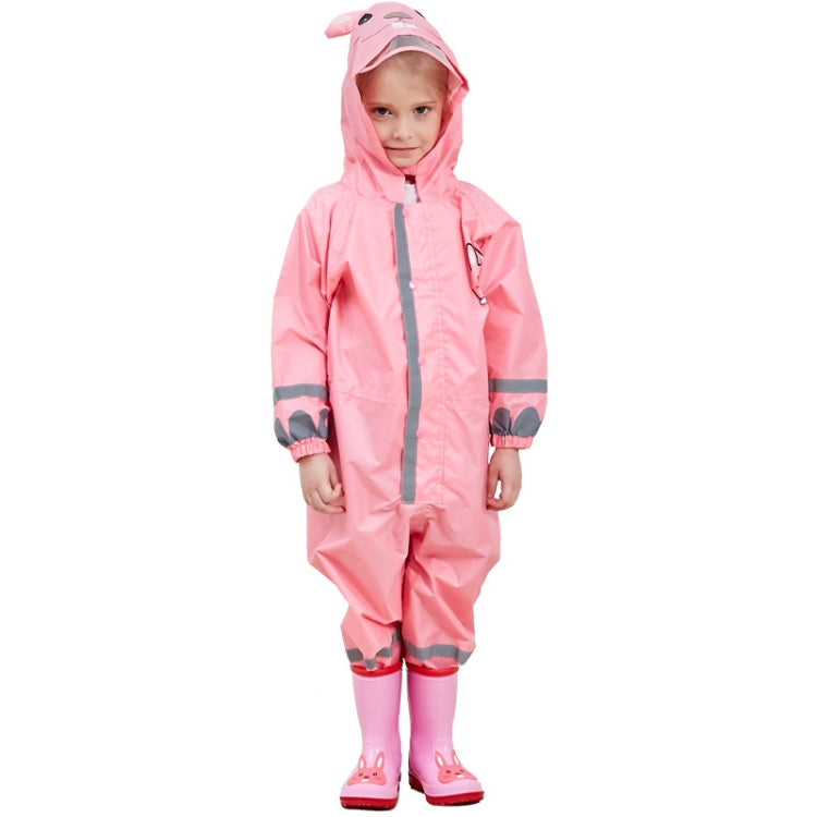 Pink kids one-piece raincoat with hood, center zipper, reflective bands