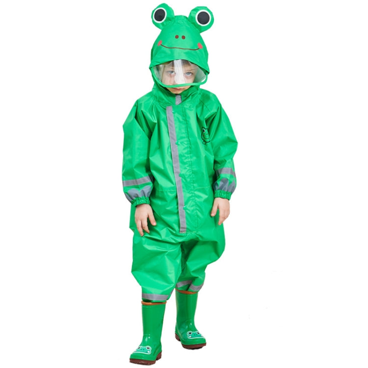 Green frog-hood kids one-piece raincoat with full zipper front, reflective trim