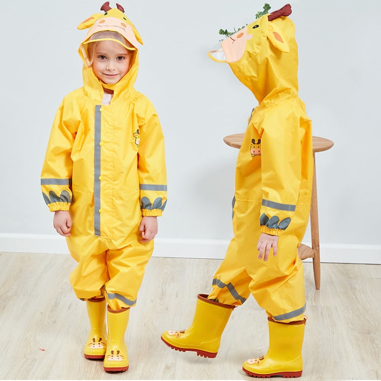 Yellow hooded one-piece raincoat with animal face hood and reflective stripes