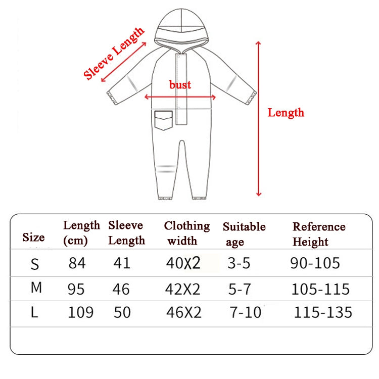 Size chart for hooded one-piece raincoat: sizes S, M, L with lengths and sleeve