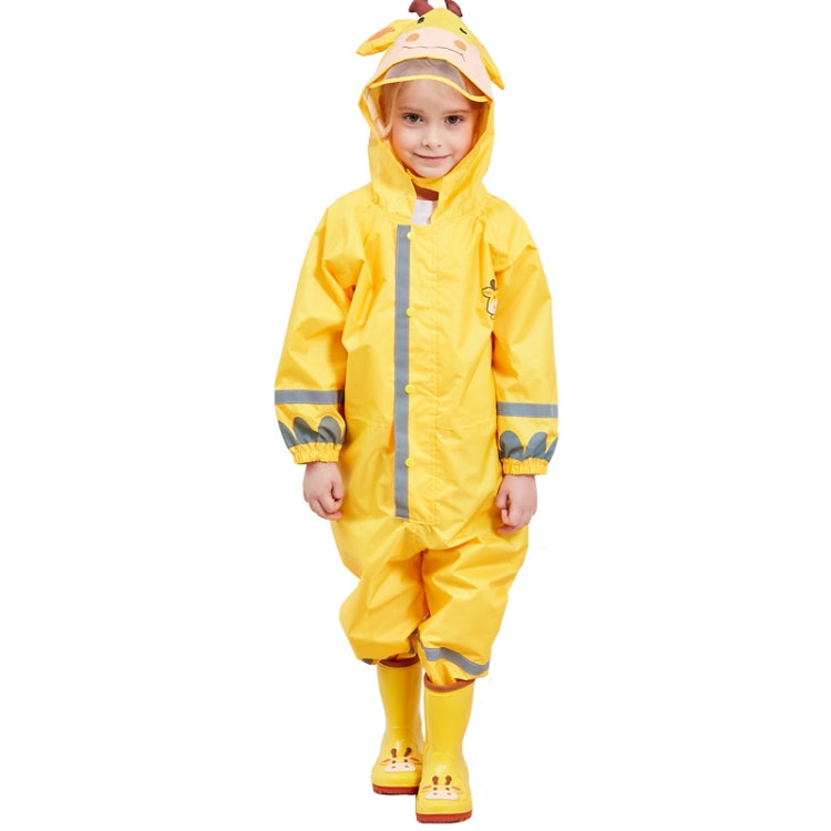 Yellow kids one-piece raincoat with hood and reflective stripe cuffs, center zipper