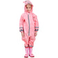 Pink kids one-piece raincoat with hood, full-length zipper, reflective bands