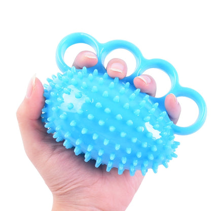 Light blue finger massage grip ball with four ring finger grips and spiky texture