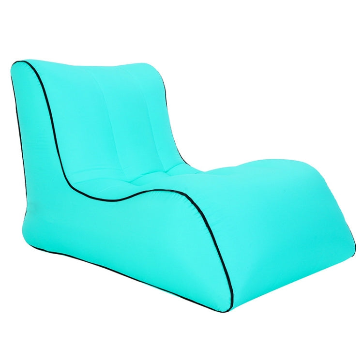 Turquoise inflatable single lounge seat with black trim and curved headrest.