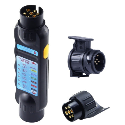 12V trailer tester plug socket with display, yellow button, and gold pin connectors