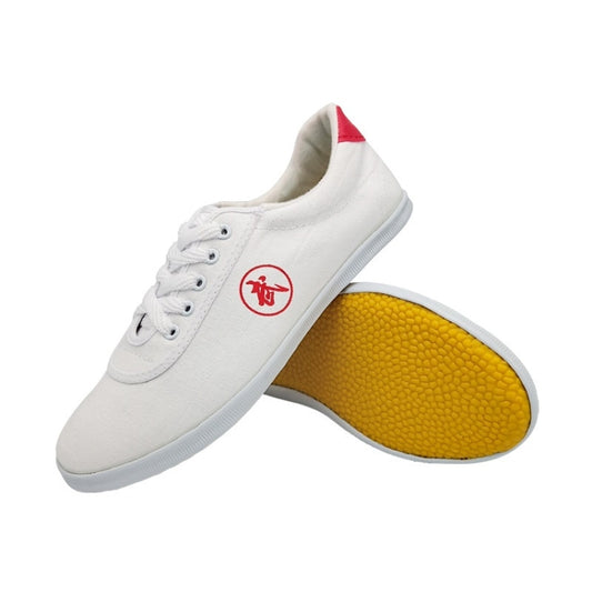 White martial arts sneakers, lace-up with red logo and low-profile sole