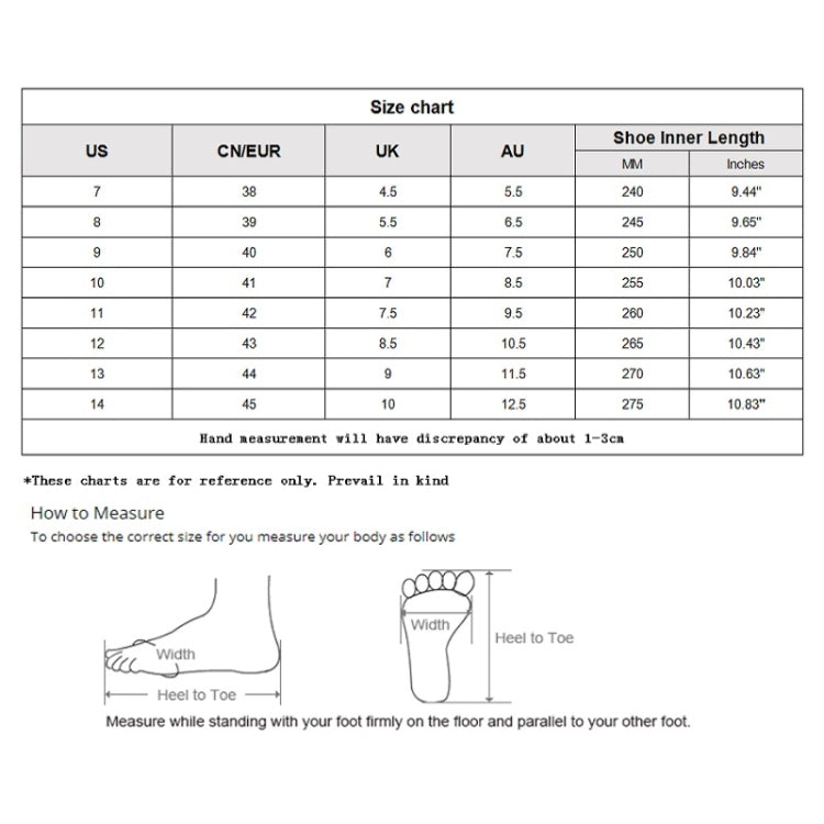 Shoe size chart listing US, CN/EUR, UK, AU sizes with shoe inner length in mm