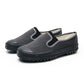 Men's slip-on work shoes in dark gray textured upper, elastic side gore, sidewall traction sole