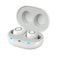 Wireless hearing aid earbuds with open charging case, white earbuds and oval ear housings