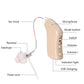 Light tan hearing aid amplifier with ear hook, receiver, microphone, and buttons
