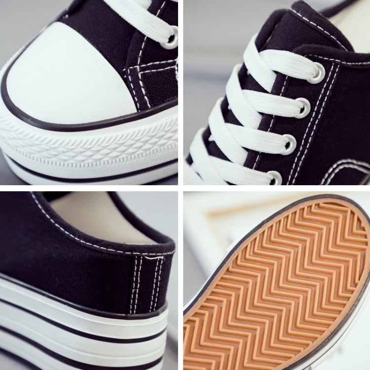 Close-up of dark canvas platform sneaker: white laces, stitching, and textured outsole