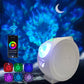 White starry-sky projector night light with smartphone control and side light beam.
