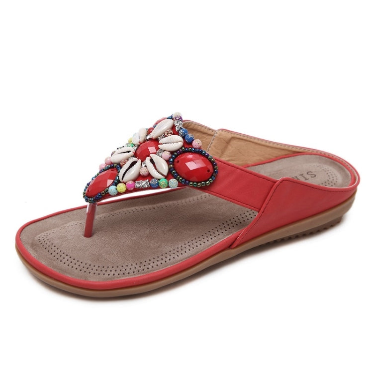 Red bohemian beaded thong sandals, low sole, shell and rhinestone accents