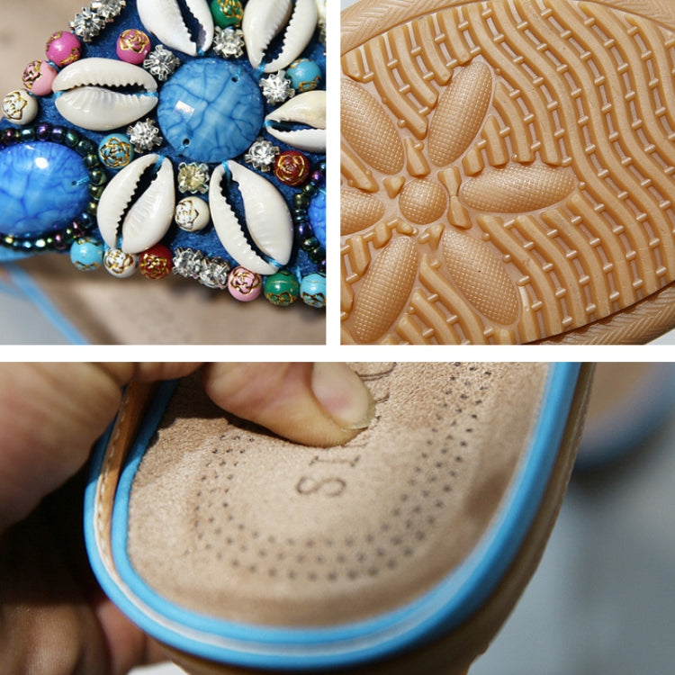 Shell and bead embellished sandals with textured rubber outsole pattern close-up