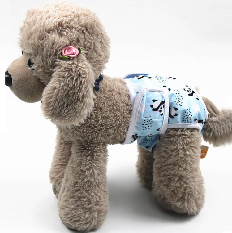 Dog anti-harassment pants with light blue cartoon print, worn by a plush brown dog.