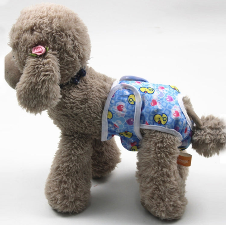 Dog anti-harassment pants with colorful blue animal print, worn by a plush brown dog.