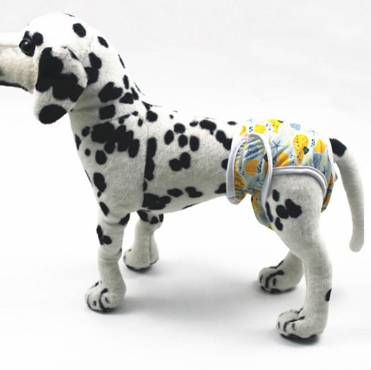 Dog anti-harassment pants with white and black paw print fabric, worn by a plush dalmatian.