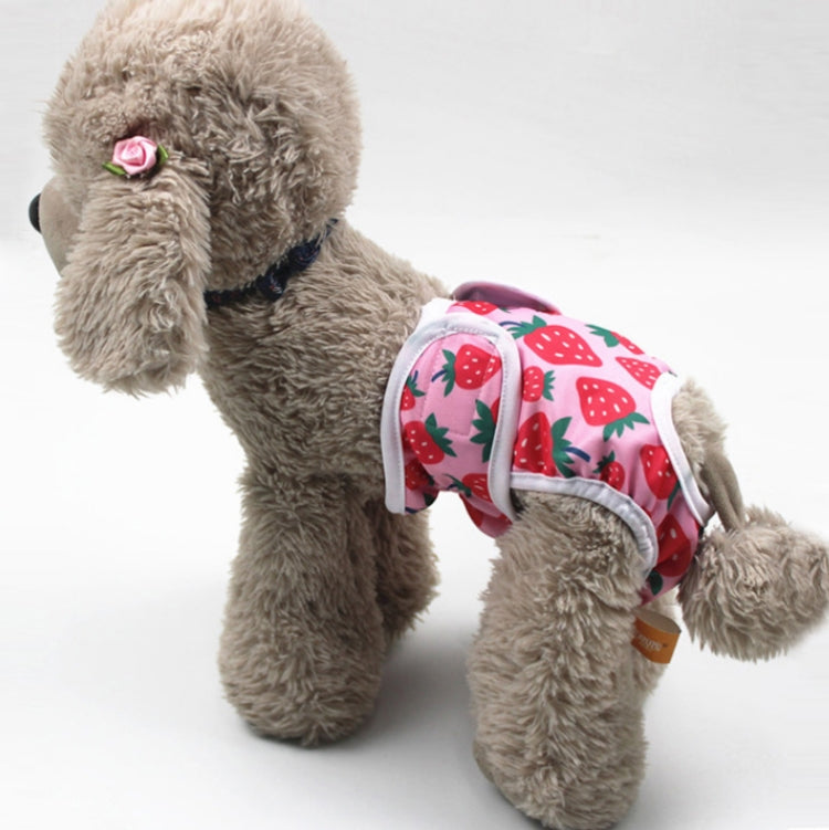 Dog anti-harassment pants with red strawberry pattern, worn by a plush brown dog.