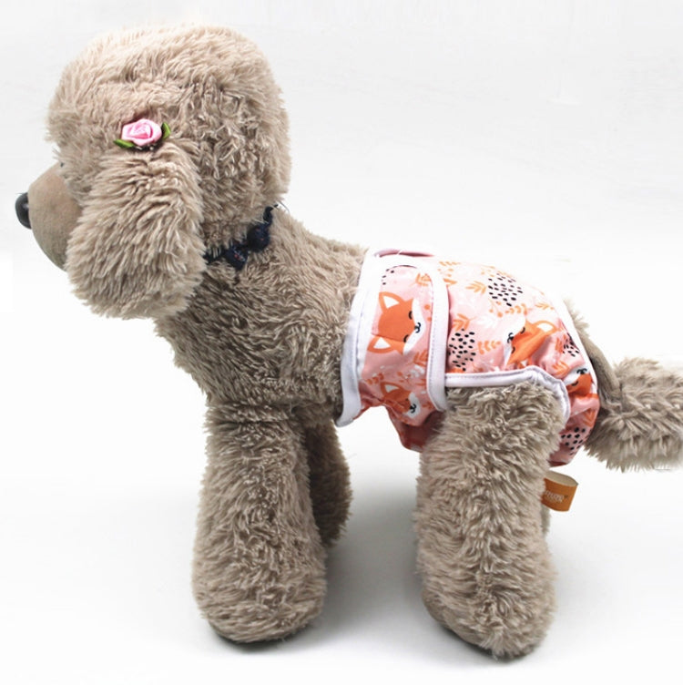 Dog anti-harassment pants with orange and animal print, worn by a plush brown dog.
