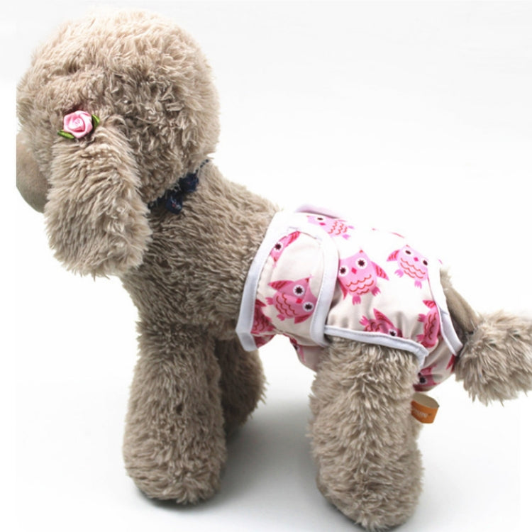 Dog anti-harassment pants with pink and owl print, worn by a plush brown dog.