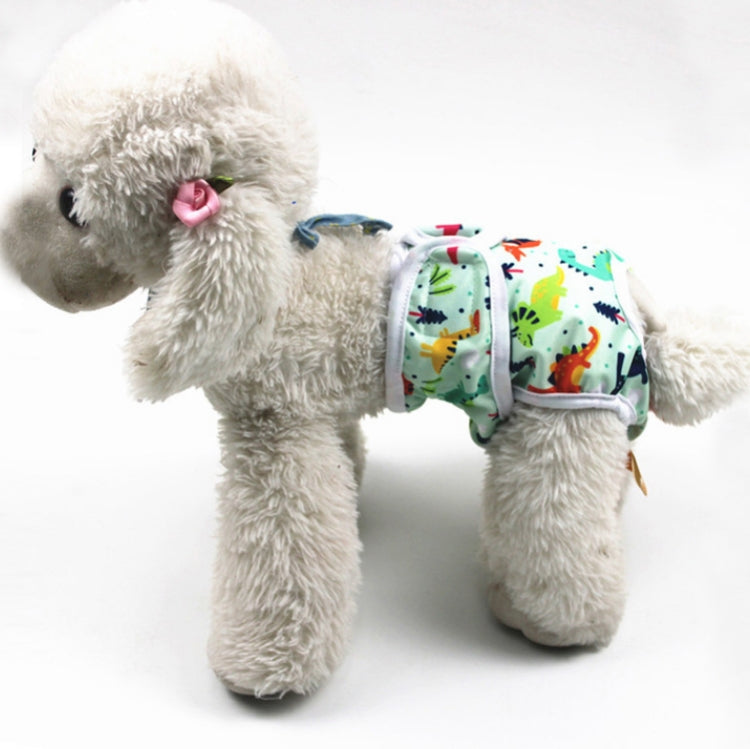 Dog anti-harassment pants with dinosaur print, worn by a plush white dog.
