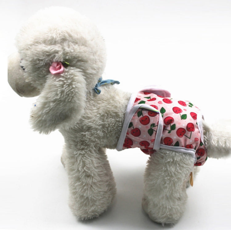 Dog anti-estrus belly wrap pants in red fruit print with white trim and elastic leg holes