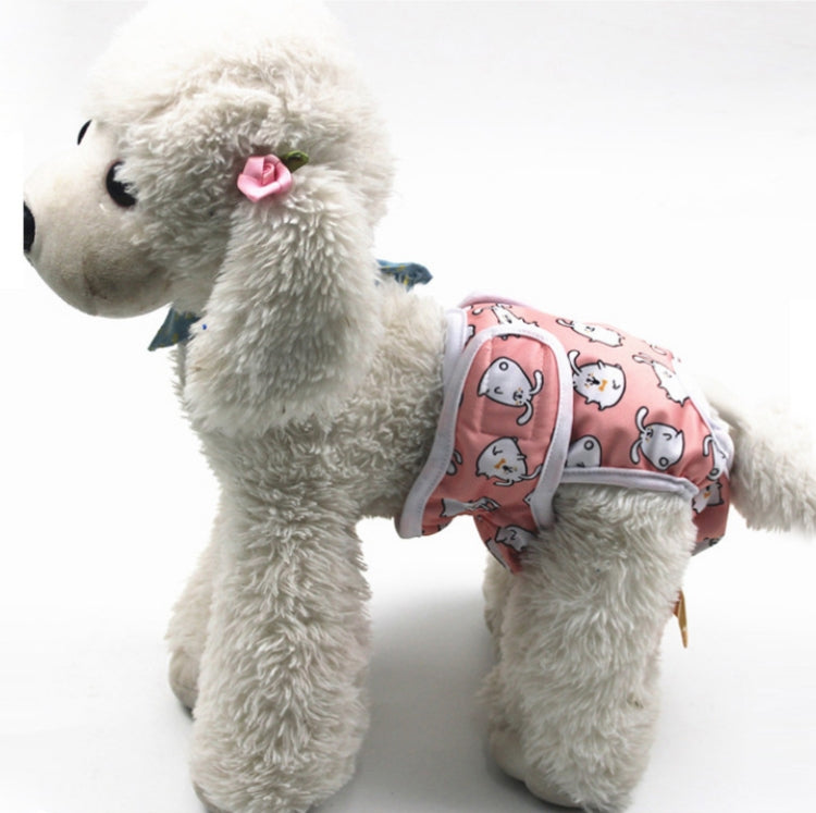 Dog anti-estrus belly wrap pants in pink cartoon print with gray trim and leg openings